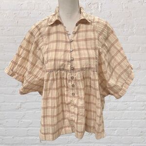 BDG Cream and Tan Plaid Short Sleeve Button-Up Blouse